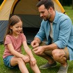 Vater trägt mit einem ClicSwab Pflegestäbchen beruhigende Lösung auf einen Insektenstich am Arm seiner Tochter auf, beim Camping im Freien