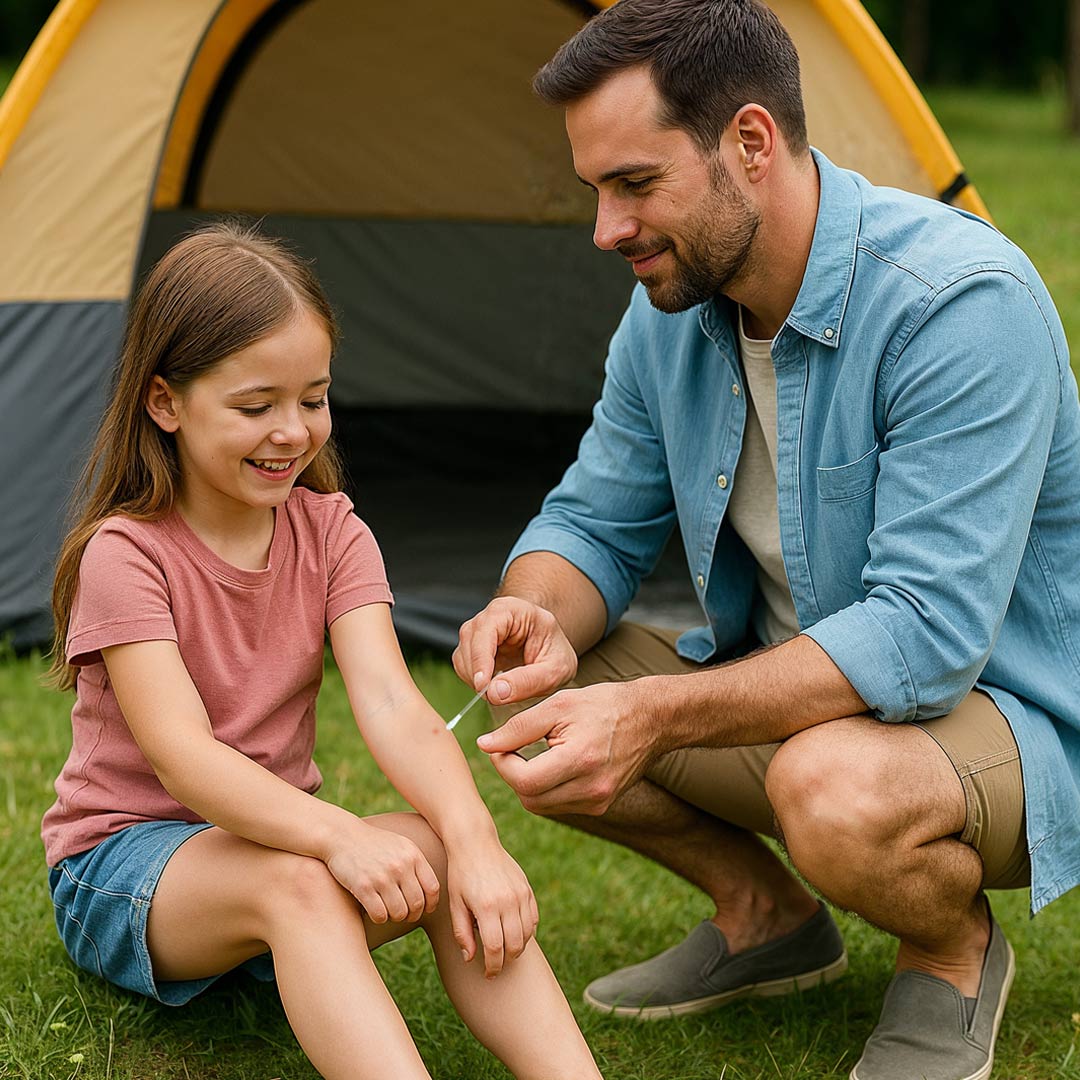 Vater trägt mit einem ClicSwab Pflegestäbchen beruhigende Lösung auf einen Insektenstich am Arm seiner Tochter auf, beim Camping im Freien