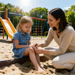 Mutterdesinfiziert die aufgeschürfte Kniewunde ihrer Tochter mit dem ClicSwab auf dem Spielplatz