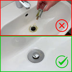Vorher-Nachher-Vergleich: verschmutzter Abfluss - auberes Waschbecken mit installiertem Drain Magic Stöpsel unten
