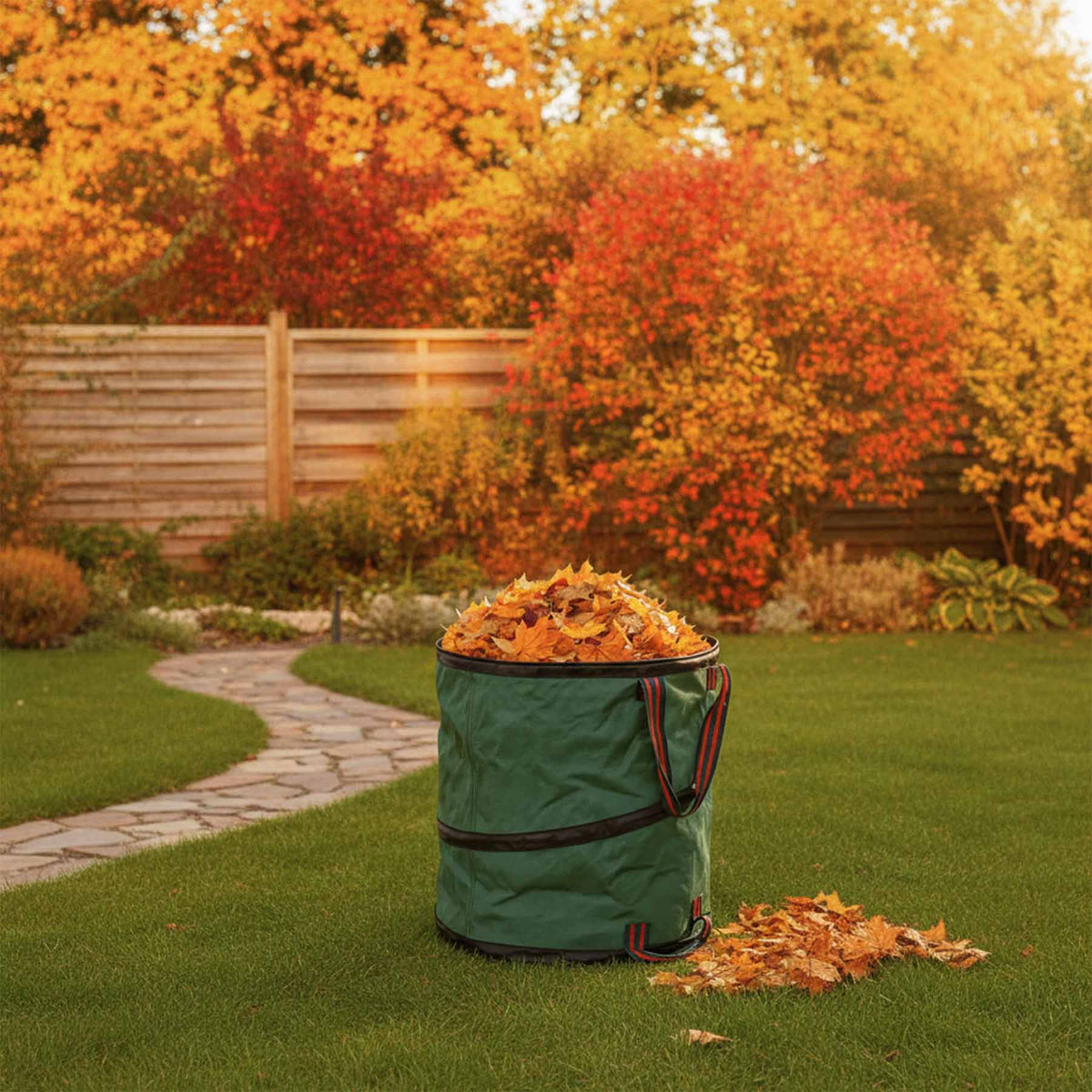 Hammersmith Gartenmüllsack mit 85 l Fassungsvermögen, gefüllt mit Herbstlaub, steht auf einer grünen Rasenfläche im Garten