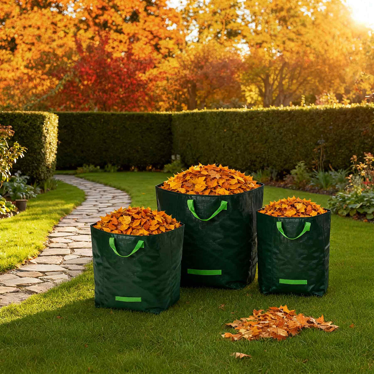 Drei Hammersmith Gartenmüllsäcke, gefüllt mit buntem Herbstlaub, stehen auf einer gepflegten Rasenfläche im herbstlichen Garten
