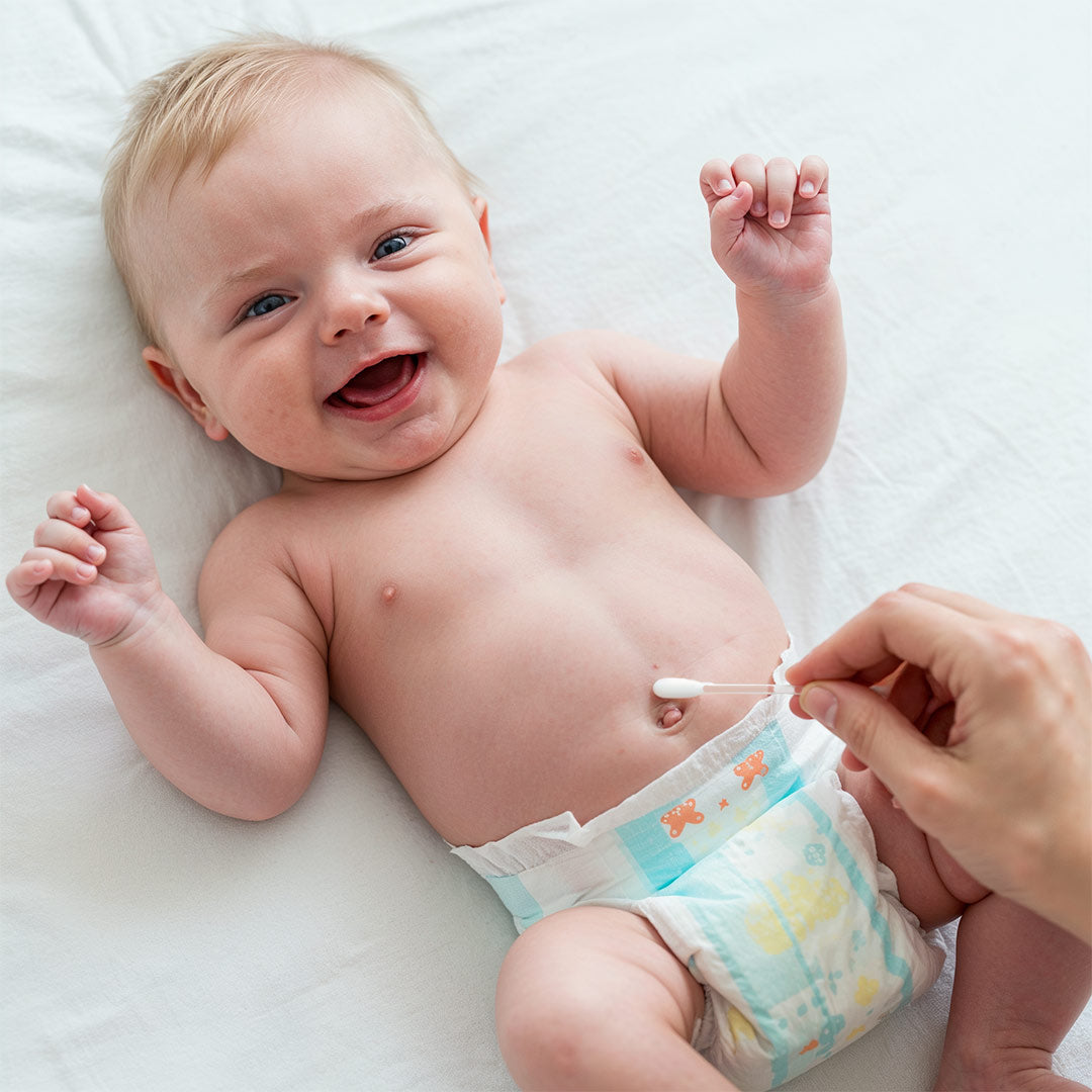 Babybauchnabel wird mit CLICswab Nabelpflege gereinigt