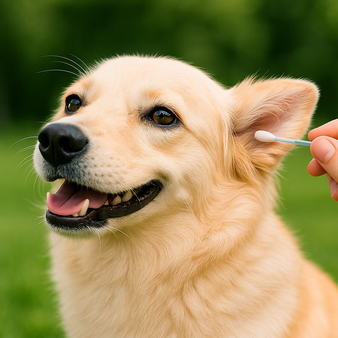 Hund wird mit einem ClicSwab Pflegestäbchen sanft am Ohr gereinigt