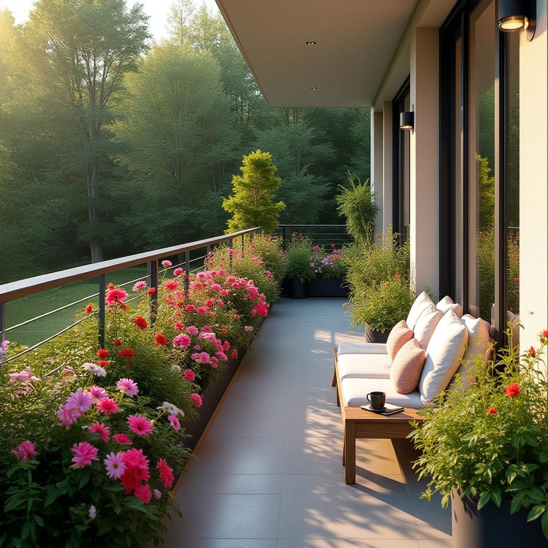 Blumenreicher Balkon mit gemütlicher Sitzbank