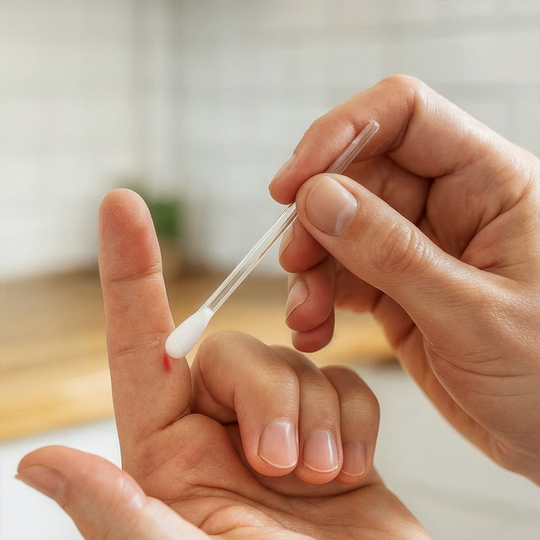 Person behandelt eine kleine Schnittwunde am Finger mit dem ClicSwab Blutstopper