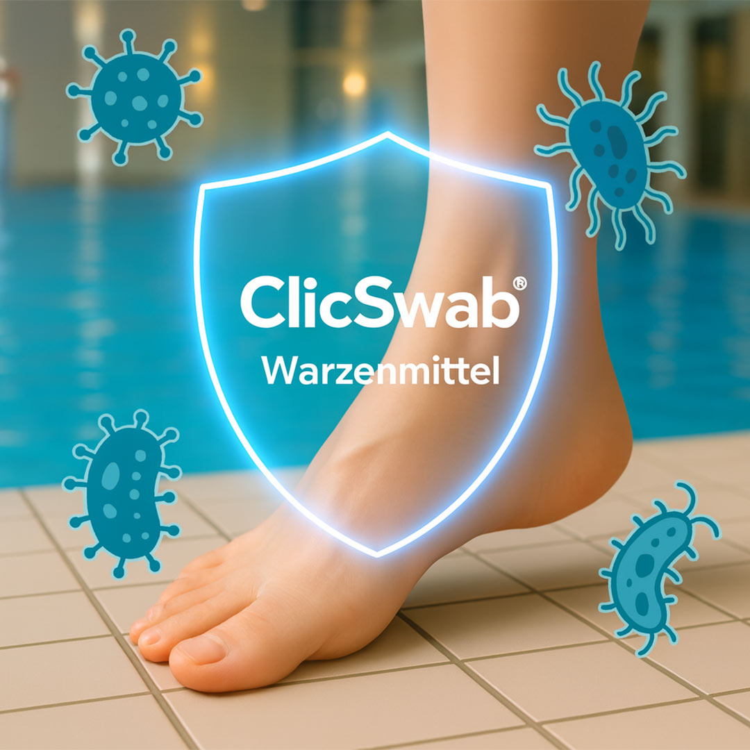 Fuß am Schwimmbadrand, umgeben von Viren-Illustrationen und einem leuchtenden Schutzschild mit der Aufschrift ClicSwab Warzenmittel