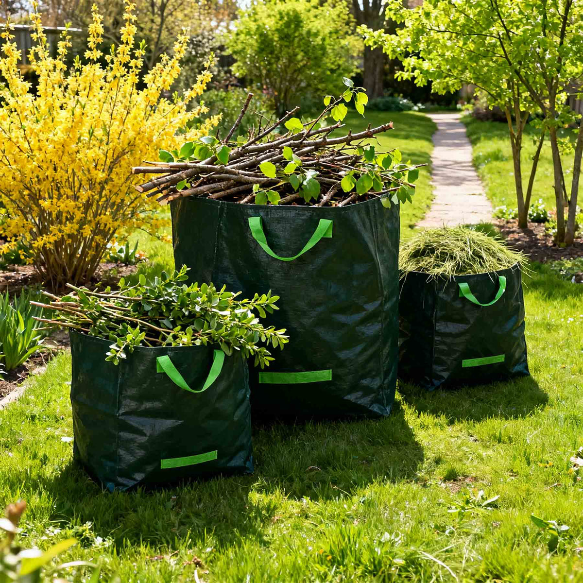 Drei Hammersmith Gartenmüllsäcke in verschiedenen Größen, gefüllt mit Ästen und Schnittgut, stehen auf einer sonnigen Rasenfläche im Garten