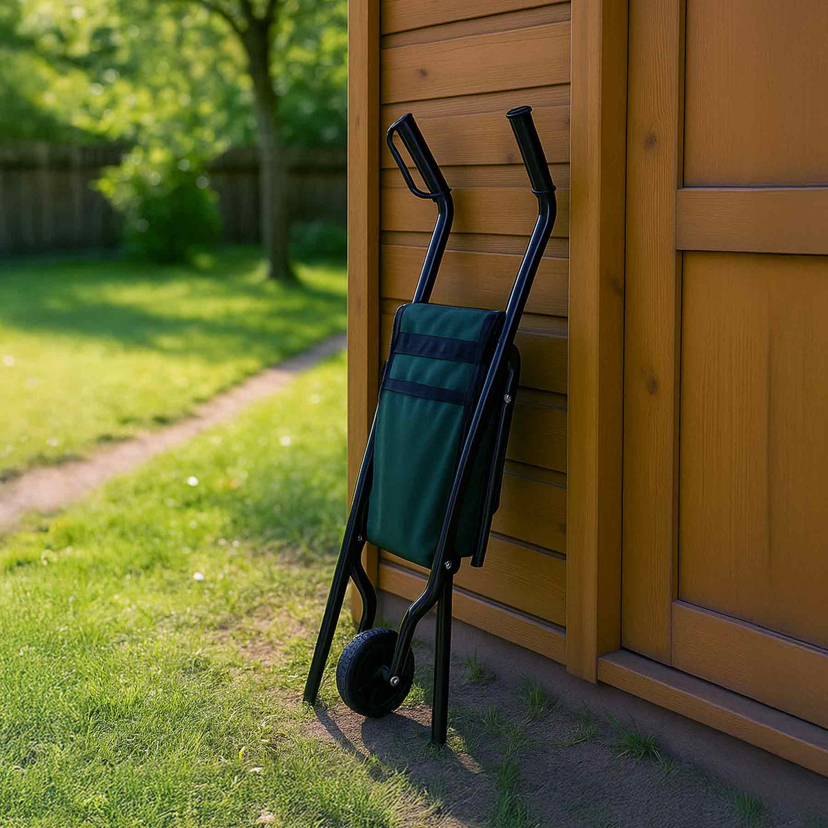 Zusammengefaltete Hammersmith Schubkarre steht platzsparend an einer Gartenhütte im Sonnenschein.