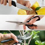 Messer, Schere und Gartenschere im Einsatz – ideal zur Veranschaulichung der Anwendung des Livington BladeStar.