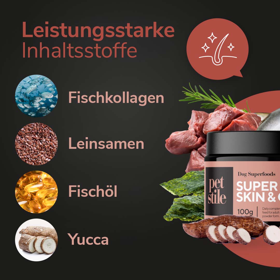 Übersicht der Inhaltsstoffe Fischkollagen, Leinsamen, Fischöl und Yucca für Hundeprodukt