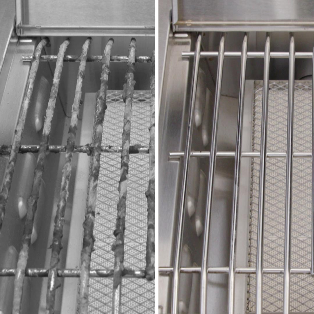 Vorher-Nachher mit Magic Shine: links stark verschmutzt, rechts sauberer, glänzender Grillrost