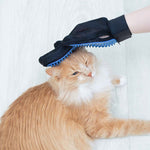 True Touch Handschuh beim Bürsten einer langhaarigen Katze auf hellem Boden.