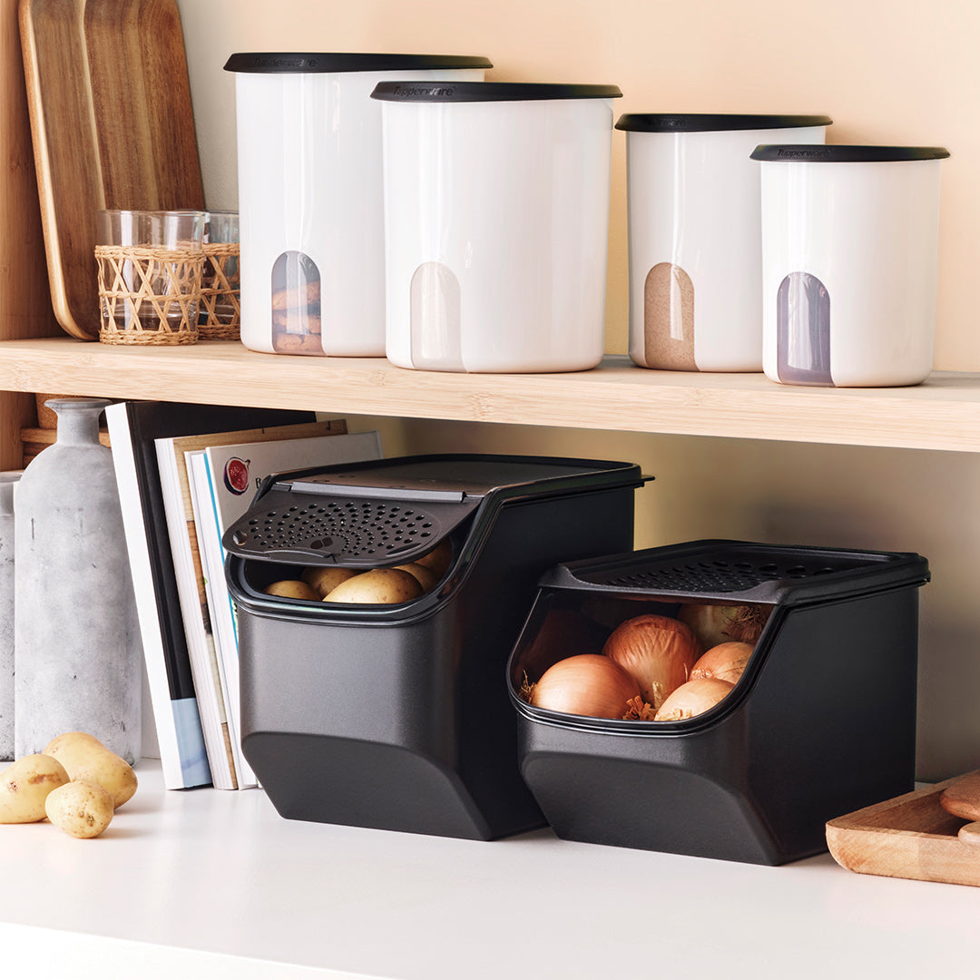 Tupperware Potato Smart mit Kartoffeln und Zwiebelbehälter auf Regalbrett, darüber Vorratsdosen in Weiß.