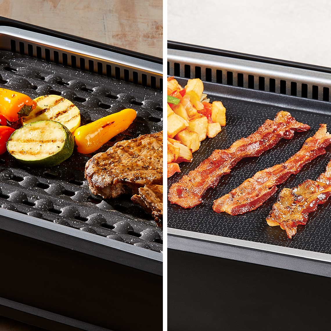 PowerXL Smokeless Grill – zwei Grillplatten: gerillt mit Steak und Gemüse, glatt mit Bacon und Kartoffeln.