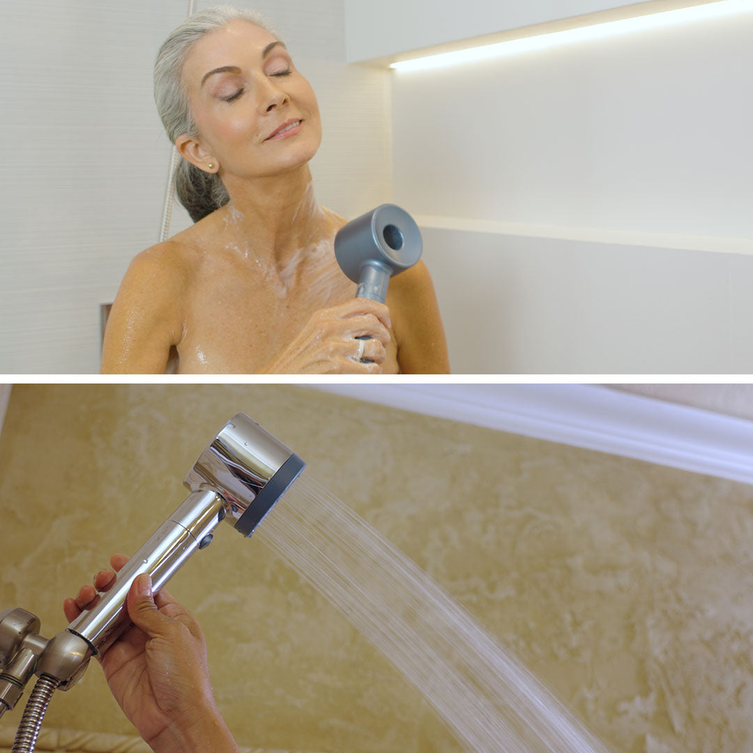Frau genießt sanften Wasserstrahl auf der Haut mit Handduschkopf – Überkopf-Duschkopf mit gleichmäßigem, angenehmem Wasserfluss.