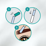 Anleitung in drei Schritten zur Anwendung des ClicSwab Haarpflege-Stäbchens: Stäbchen knicken, Flüssigkeit aktivieren und auf die Augenbrauen auftragen