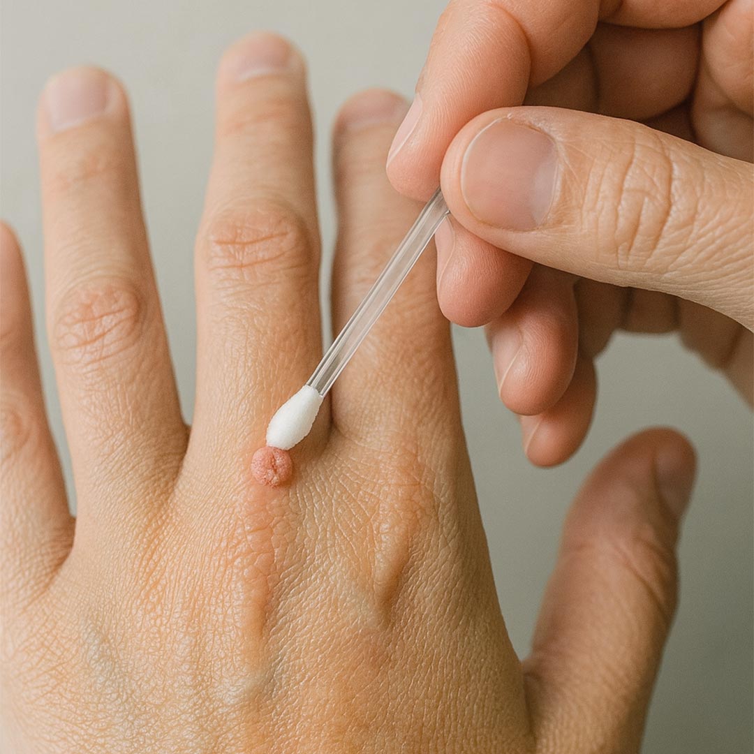 Person trägt mit einem ClicSwab Warzenmittel gezielt Lösung auf eine Warze auf dem Handrücken auf.