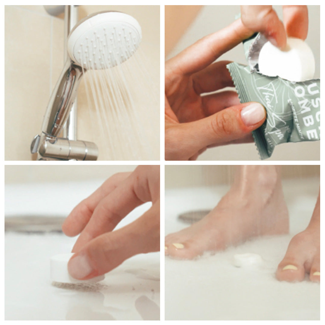 Schritt-für-Schritt-Collage zur Anwendung der Duschbombe: Wasser einschalten, auspacken, auf den Boden legen, beim Duschen genießen