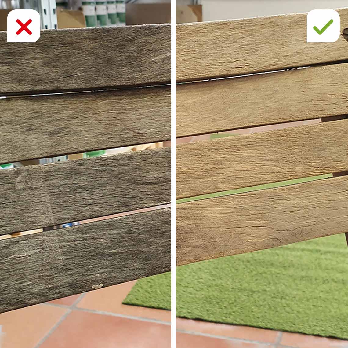 Holzoberfläche vor und nach der Reinigung mit Freshmo – sichtbar effektive Sauberkeit.
