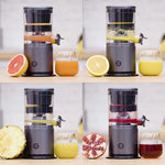 Vier Livington JuiceBoost-Geräte pressen verschiedenes Obst – Grapefruit, Zitrone, Ananas und Granatapfel – in Gläser.