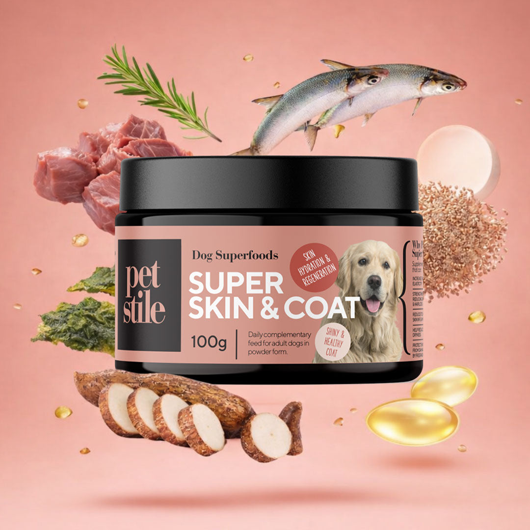 Hunde-Supplement ‚Super Skin & Coat‘ mit Fisch, Leinsamen, Yucca und Fischöl.