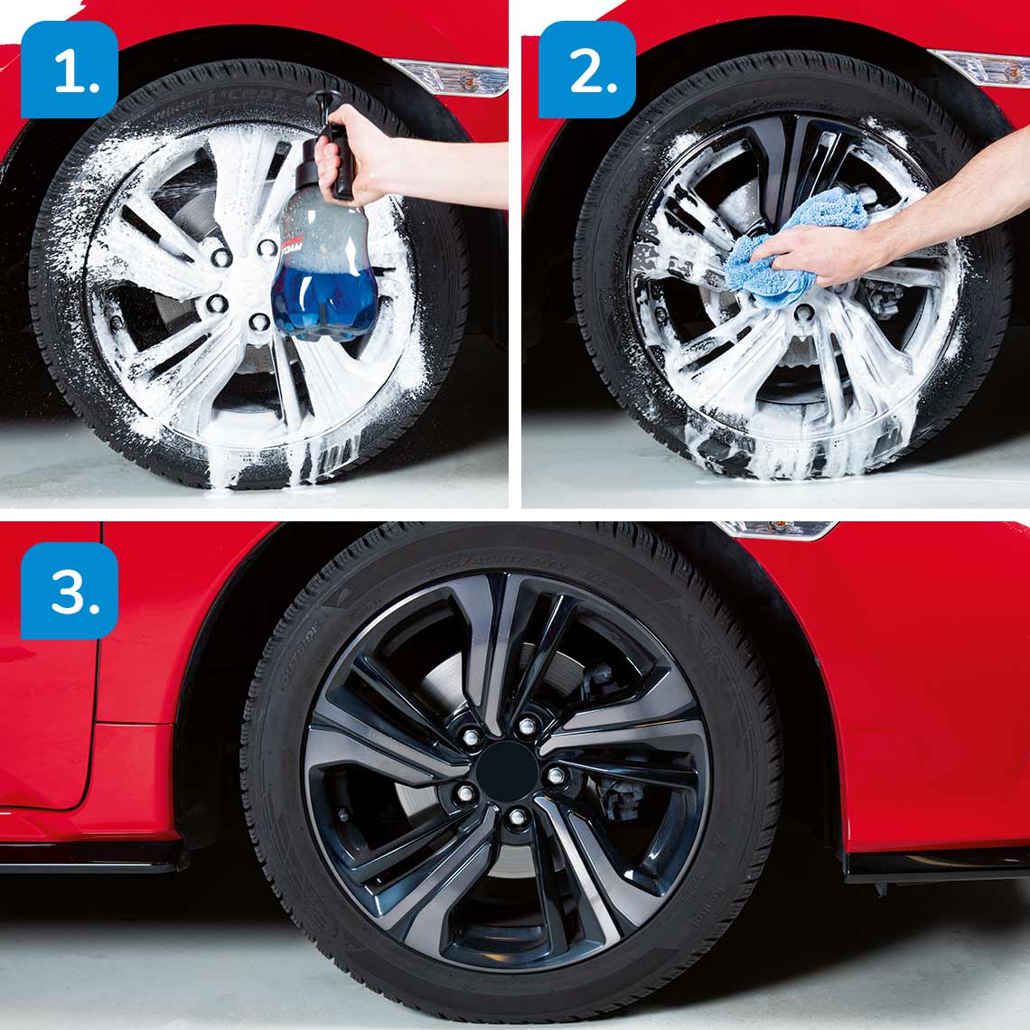 1. Aufsprühen, 2. Abwischen, 3. Sauberer Glanz – Felgenreinigung mit Platinum Amazing Foam.