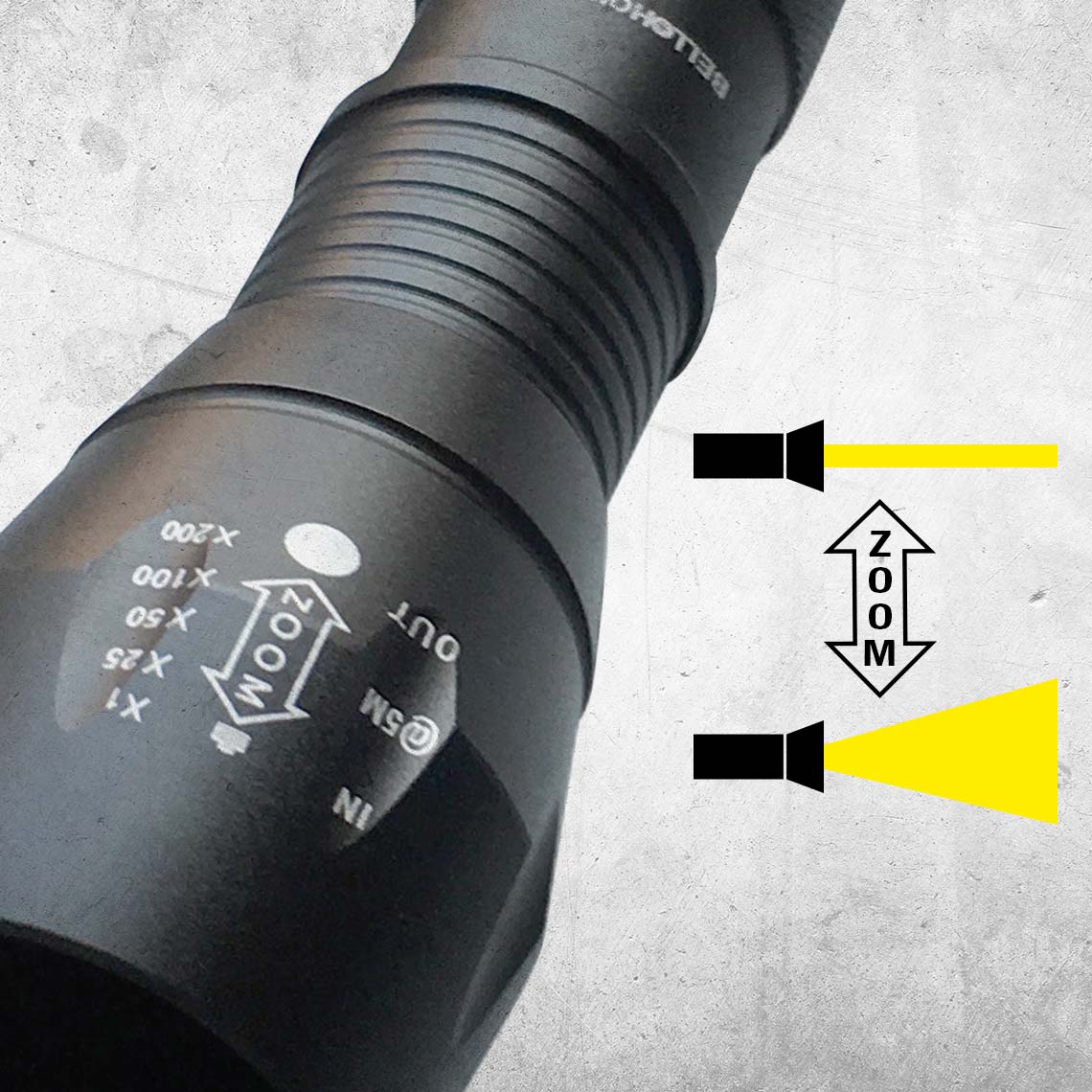 Tac Light mit Zoom-Funktion – Lichtkegel stufenlos einstellbar von breit bis fokussiert.