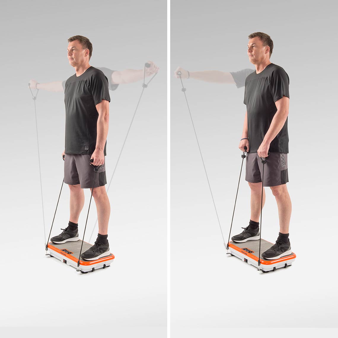 Mann trainiert mit Zugbändern auf der VibroShaper Vibrationsplatte.