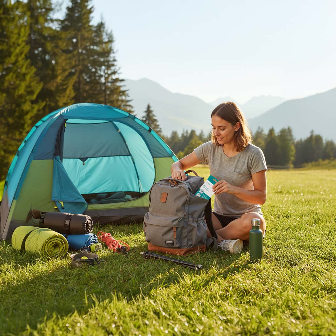 Frau sitzt vor ihrem Zelt auf einer Wiese in den Bergen und packt ihren Rucksack – perfekt vorbereitet für Outdoor-Abenteuer.