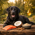 Hund liegt im Freien neben natürlichen Zutaten wie Lachs und Öl.