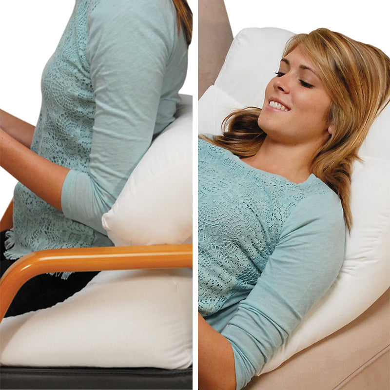 Dreamolino Flip Pillow als Rückenstütze im Bett oder auf dem Stuhl – für komfortables Sitzen und Liegen.