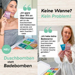 „Zwei Kundinnen zeigen Duschbomben und berichten über ihre Erfahrungen mit Zitaten zu Wassersparen und Wellness in der Dusche