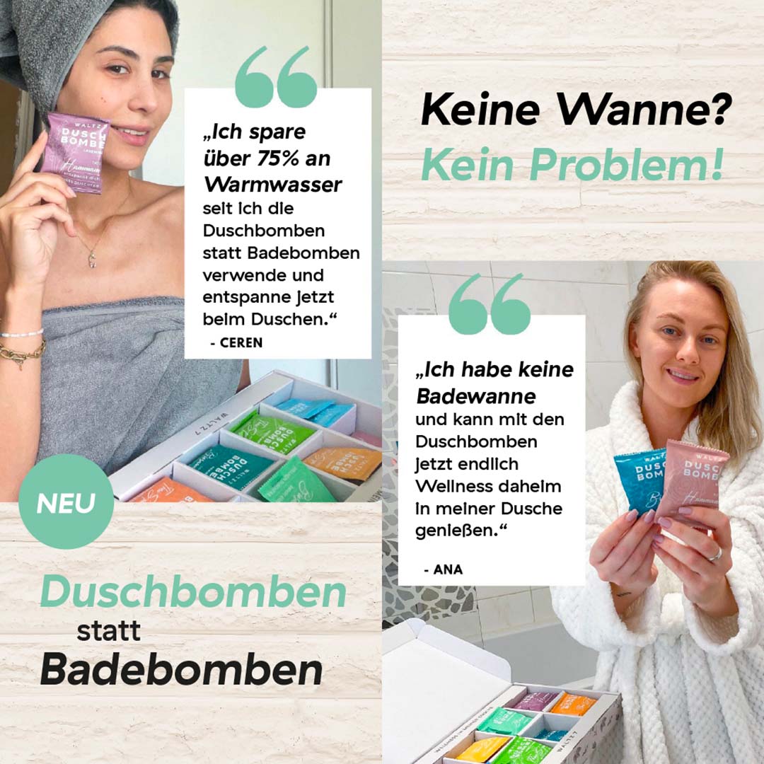 „Zwei Kundinnen zeigen Duschbomben und berichten über ihre Erfahrungen mit Zitaten zu Wassersparen und Wellness in der Dusche