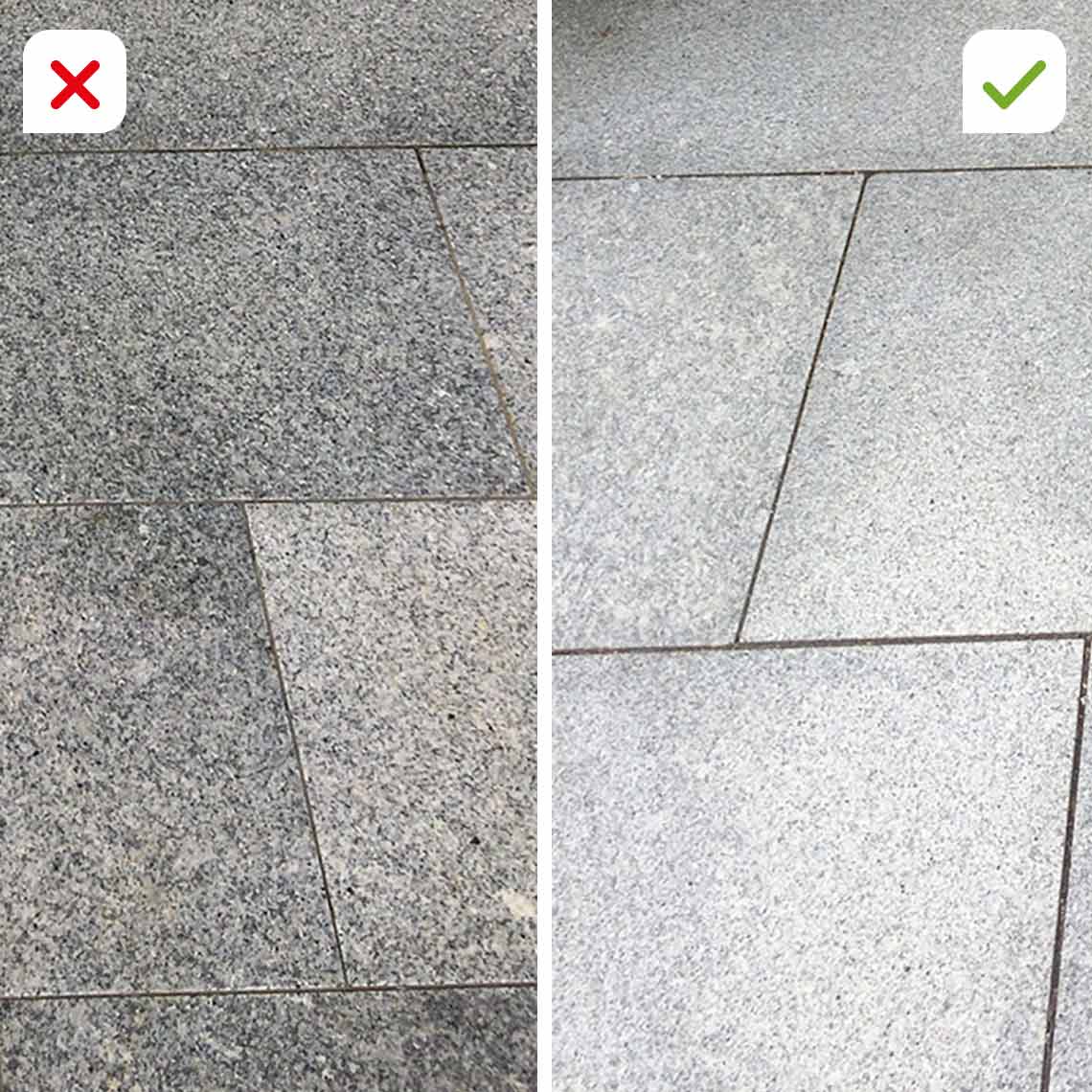 Steinfliesen vor und nach der Reinigung mit Freshmo – für sichtbar saubere Oberflächen.