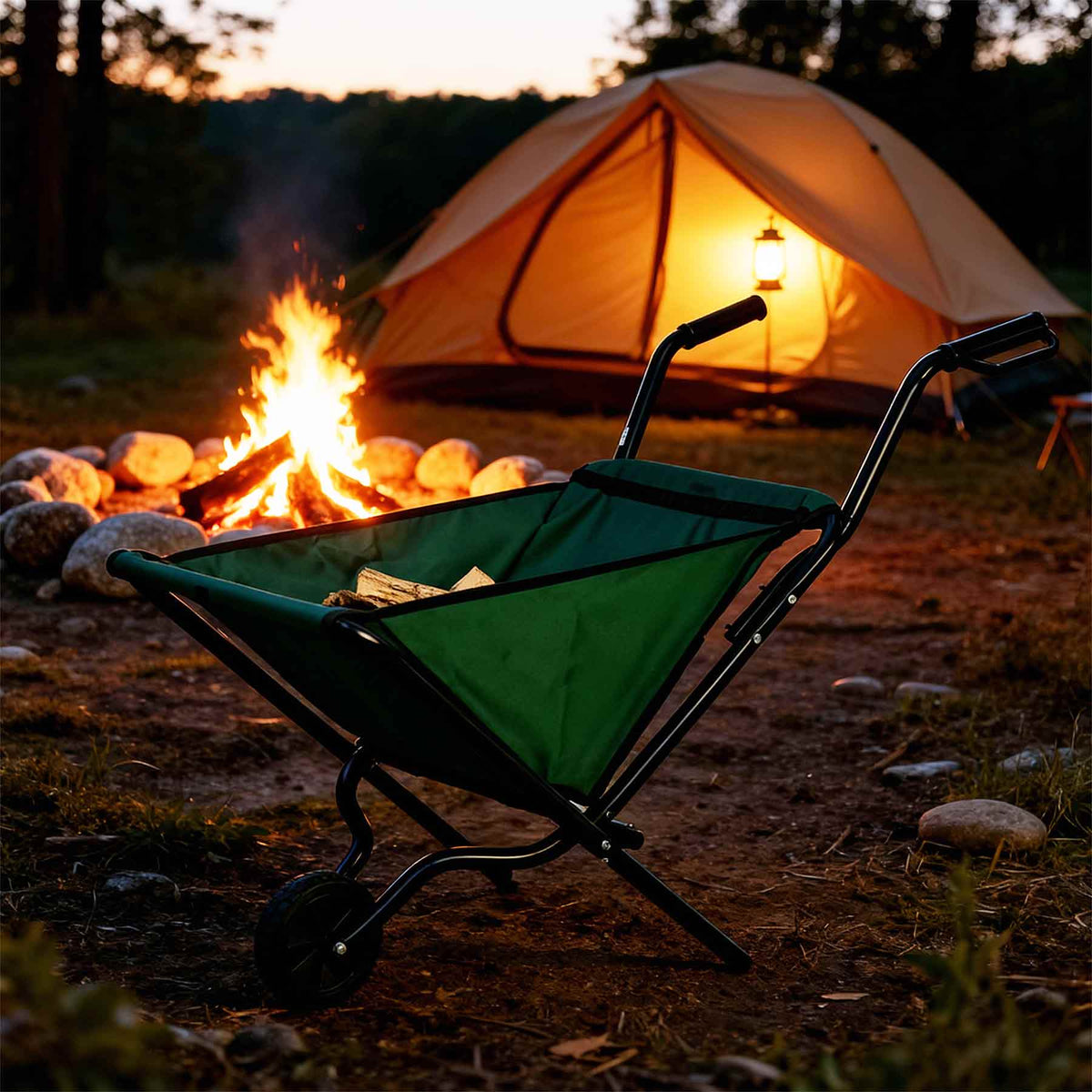Hammersmith faltbare Schubkarre mit Holz steht vor einem Zelt und Lagerfeuer auf einem Campingplatz in der Abenddämmerung.