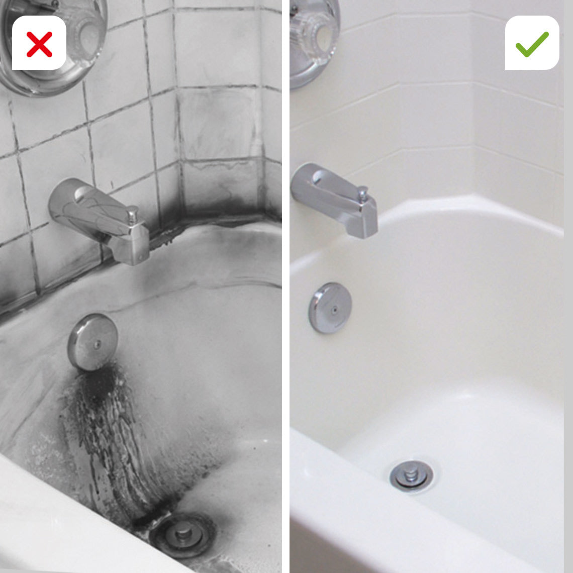 Vorher-nachher Vergleich: Schmutzige Badewanne links, strahlend sauber mit dem Hurricane Spin Scrubber rechts.