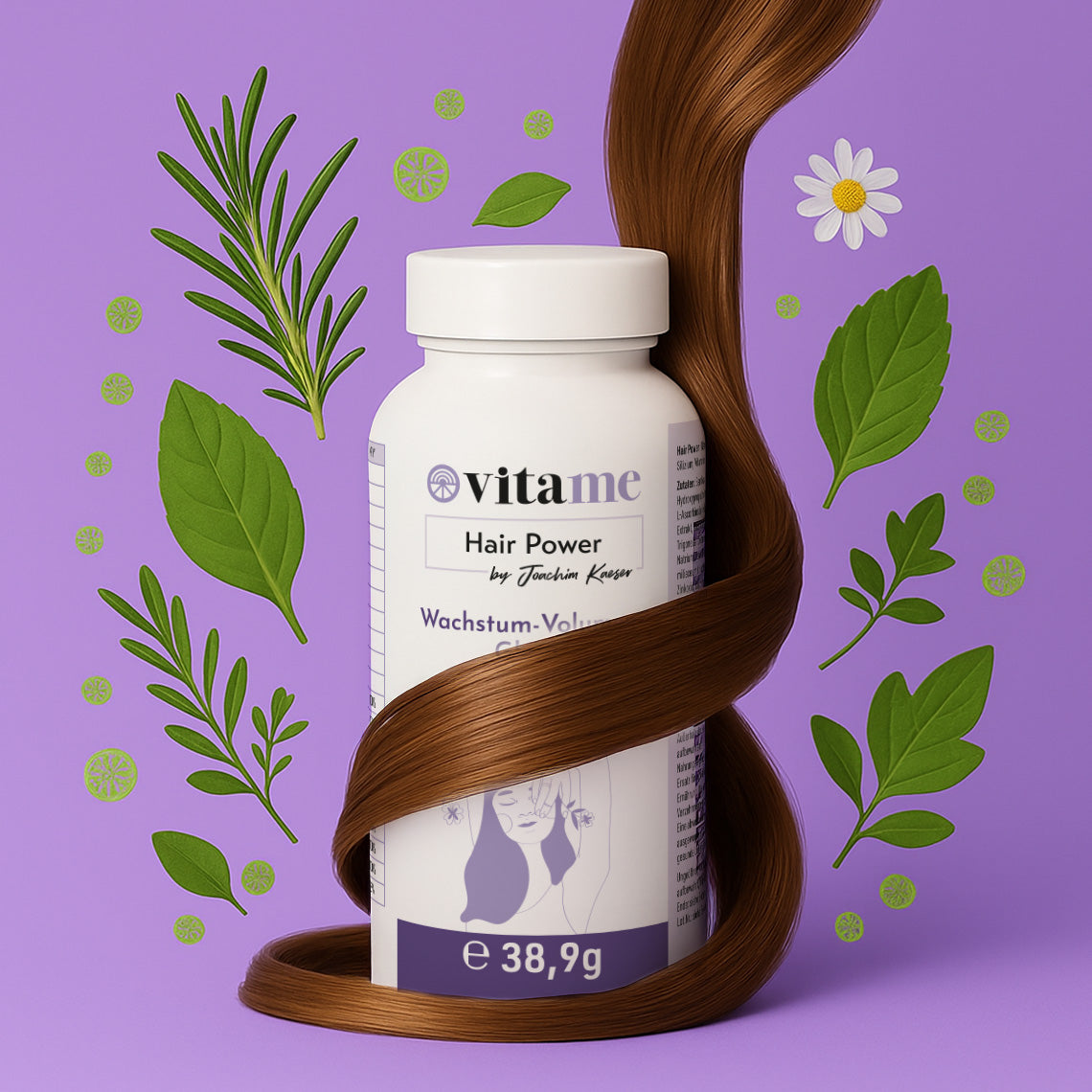 Vitame Hair Power Dose umwickelt von glänzendem Haar, umgeben von Pflanzenblättern – stärkt Haarwachstum und Vitalität