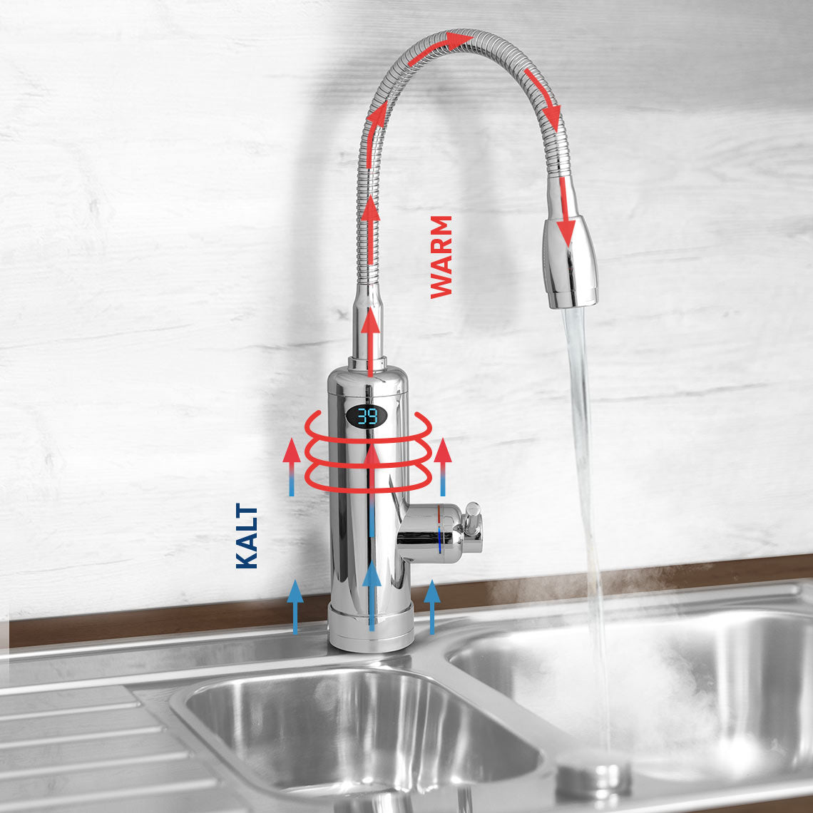Aquadon SmartHeater Flex-Head mit Durchlauferhitzer-Funktion: kaltes Wasser rein, warmes Wasser raus.