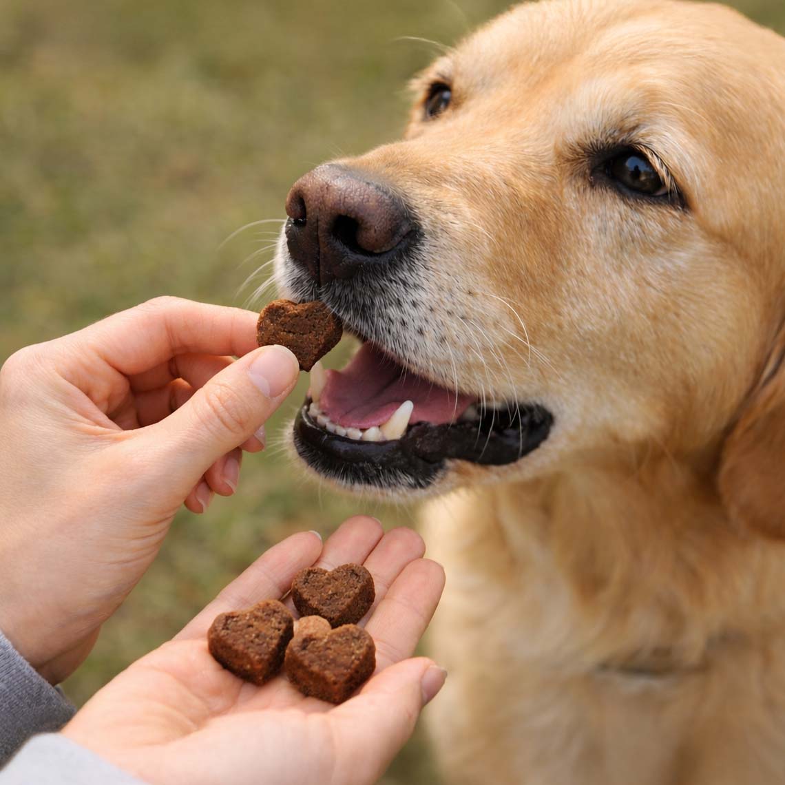Hund bekommt herzförmiges Leckerli aus der Hand gefüttert.