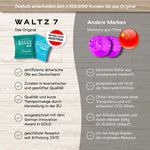 Vergleichsgrafik zwischen WALTZ 7 Duschbomben und anderen Marken mit Vorteilen wie Qualität, ätherischen Ölen und EU-Produktion