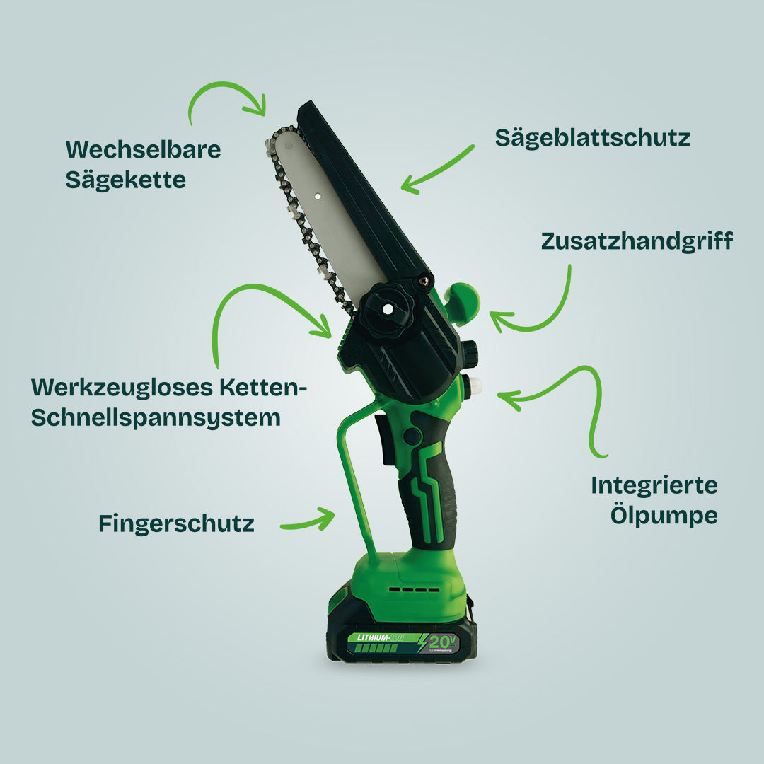 Die Mini-Kettensäge bietet wechselbare Kette, Blattschutz, Zusatzgriff, Ölpumpe, Schnellspanner und Fingerschutz.