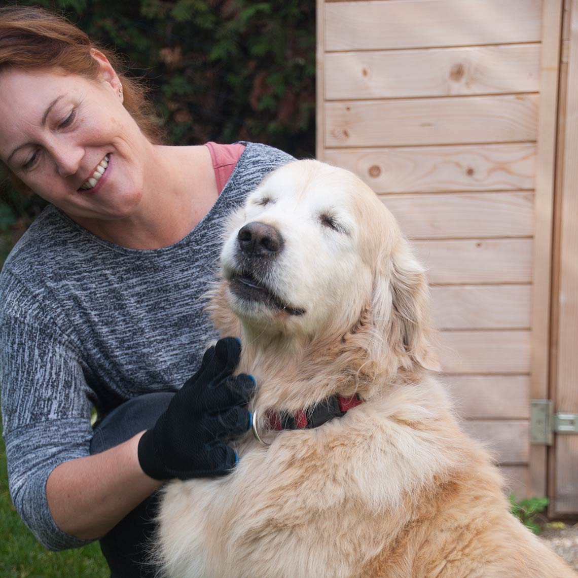 Frau pflegt einen Hund mit dem True Touch Handschuh im Garten – der Hund wirkt entspannt.