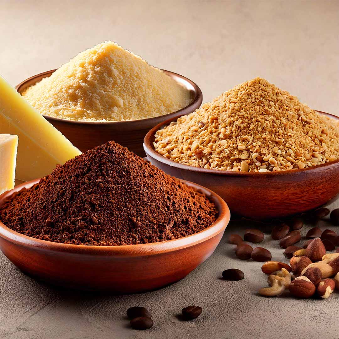Gemahlene Nüsse, Parmesan und Kakaopulver in Schalen