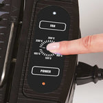 PowerXL Smokeless Grill – Temperaturregelung per Fingertipp von 105 °C bis 230 °C, mit Fan- und Power-Taste.