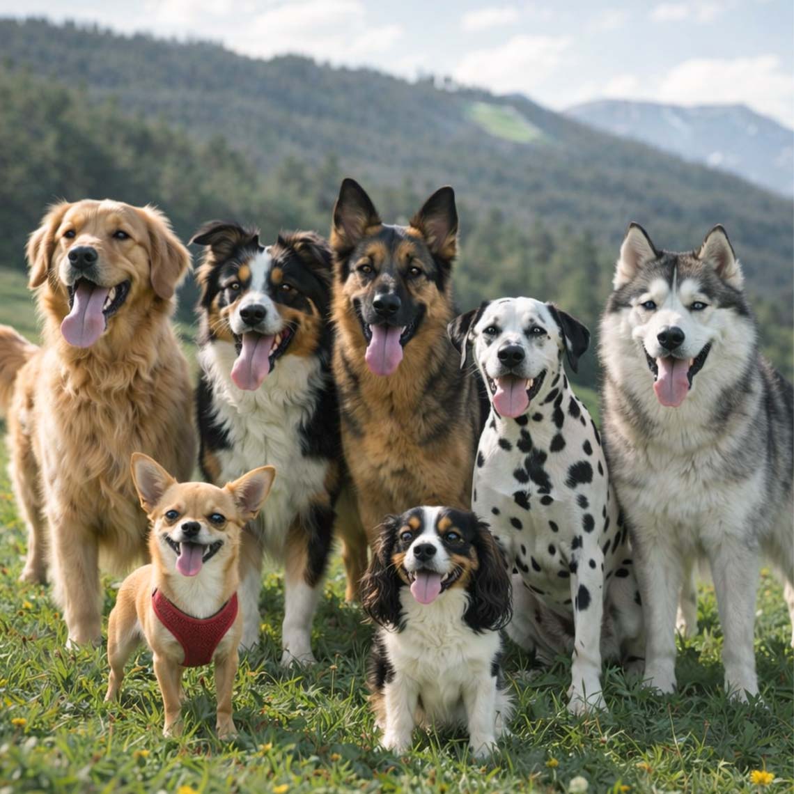Gruppe verschiedener Hunde sitzt gemeinsam im Freien.
