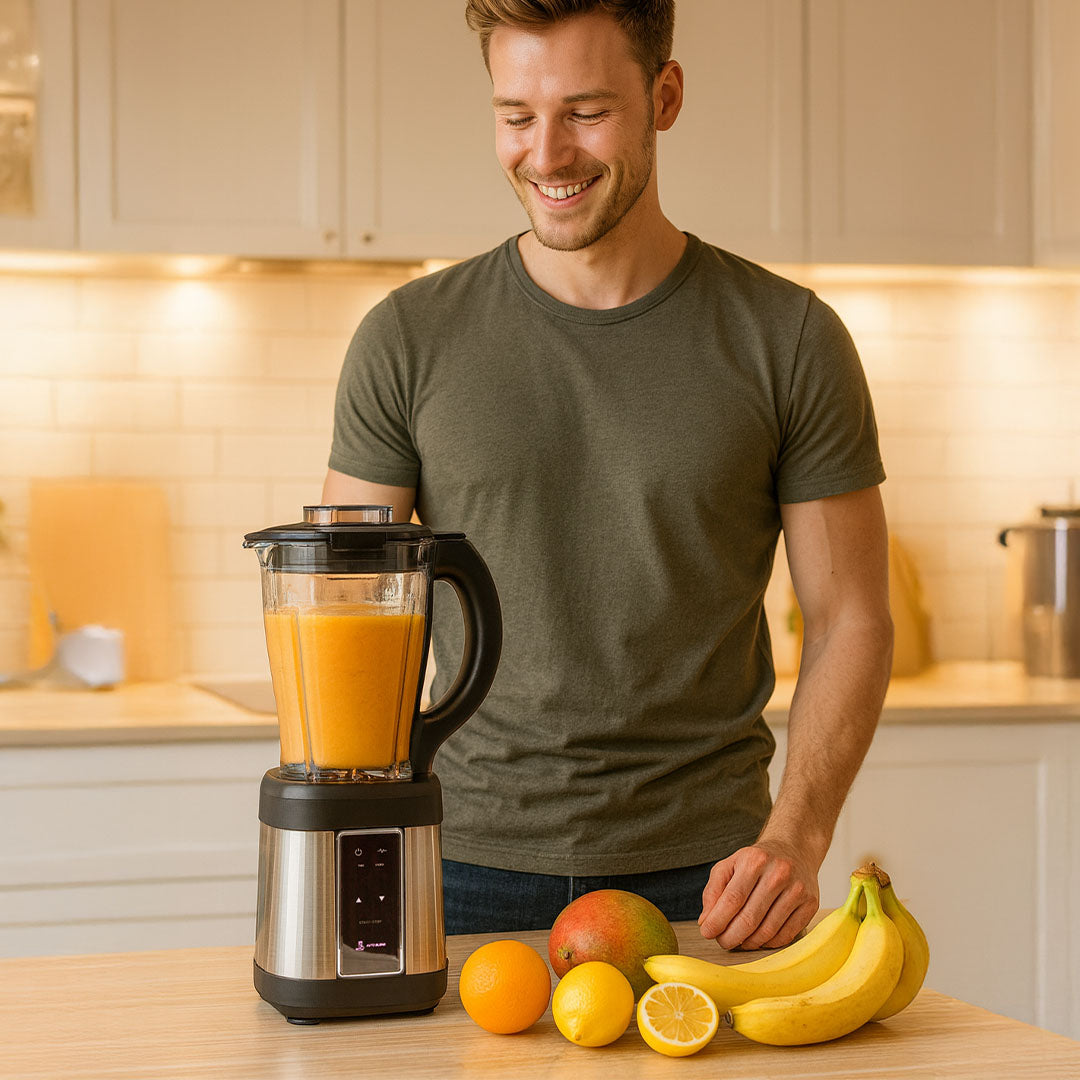 Mann steht in der Küche vor einem Standmixer mit orangem Smoothie, umgeben von frischem Obst wie Bananen, Zitrone, Orange und Mango.