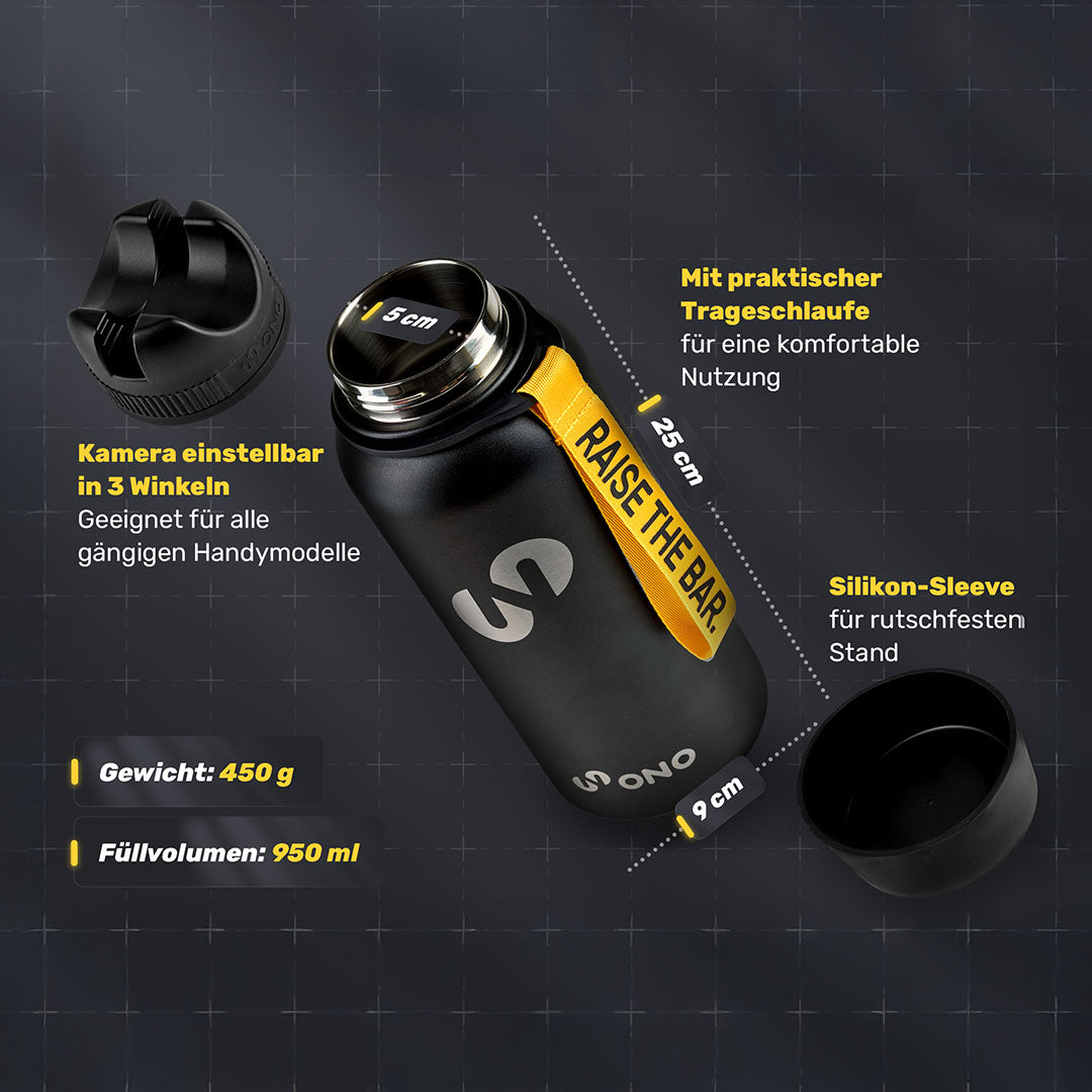 Grafische Produktdarstellung einer schwarzen Trinkflasche mit Deckel als Smartphone-Halter und gelber Trageschlaufe. Beschriftungen zeigen Funktionen und Maße: einstellbare Kamera in drei Winkeln, rutschfester Silikon-Sleeve, Trageschlaufe, Höhe 23,5 cm, Durchmesser 9 cm, Gewicht 450 g und Füllvolumen 950 ml.
