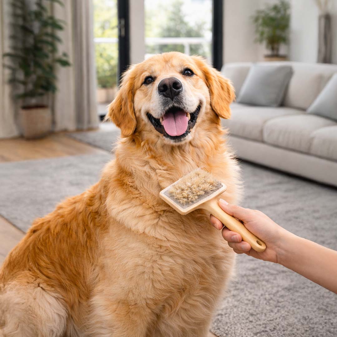 Fellpflege bei einem Hund mit Bürste im Wohnraum.