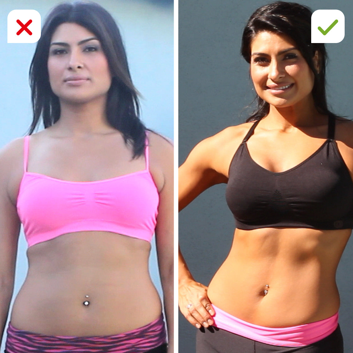 Vorher–Nachher-Bild zeigt eine Frau mit definiertem Körper nach regelmäßigem Training mit dem Total Crunch.